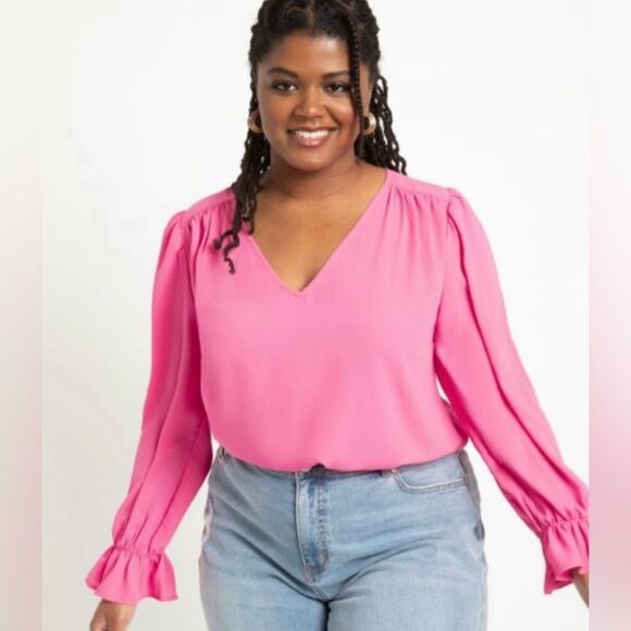 Eloquii Tops - Eloquii Bright Pink V-Neck Puff Ruffle Cuff Long Sleeve Blouse